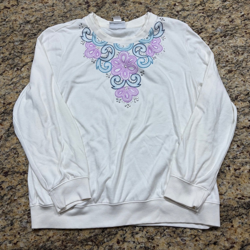 Alfred Dunner Womens XL Cream Embroidered Floral Studded Sweatshirt Top v